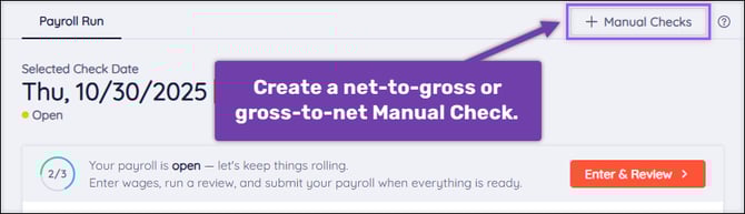 A screenshot of the Payroll Dashboard, highlighting the Manual Check button.