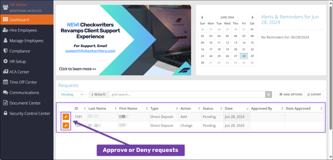 A screenshot of the HR Admin Dashboard showing two Direct Deposit Requests.