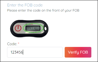 A screenshot of the "Enter the FOB code" page showing the Code field.