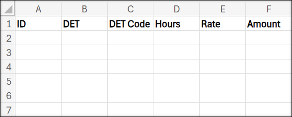 An example spreadsheet for a Payroll Import. The cells across Row 1 read "ID", "DET", "DET Code", "Hours", "Rate", and "Amount". The remaining rows are blank.