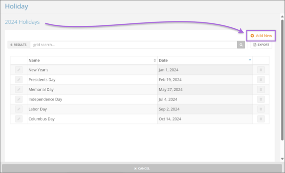 A screenshot of the Holiday editing page, highlighting the "Add New" button.