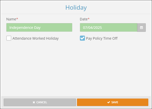 A screenshot of the Holiday pop-up dialog with the "Name" and "Date" fields filled in and the "Pay Policy Time Off" box checked.