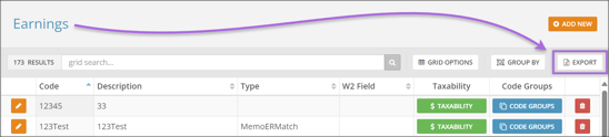 A screenshot of the Earnings page, highlighting the Export button.