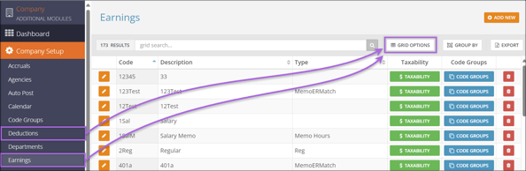 A screenshot of the Earnings page. Two boxes highlight the "Deductions" and "Earnings" tabs in the side navigation. Two arrows point from those boxes to the "Grid Options" button.