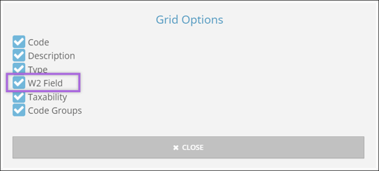 A screenshot of the Grid Options pop-up, highlighting the "W2 Field" Checkbox.