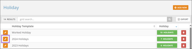 A screenshot of the Holiday Template page, highlighting the Edit button.