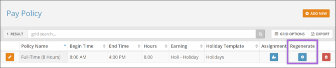 A screenshot of the Pay Policy Page, highlighting the Regenerate button.