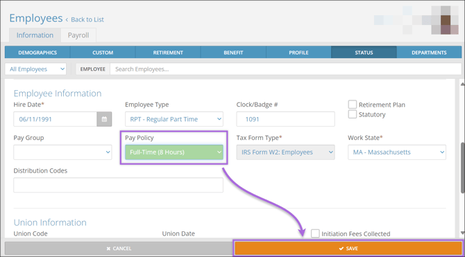 A screenshot of the Employee Center Status page, highlighting the Pay Policy field.