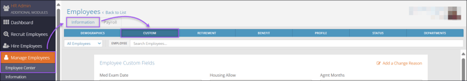 A screenshot of the navigation path to the Employee Center Custom tab.