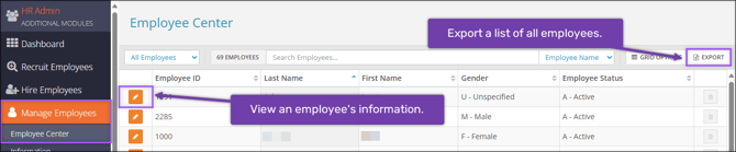 A screenshot of the Employee Center, highlighting the Export and Edit buttons. 