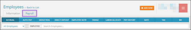 A screenshot of the Employee Center, highlighting the Payroll tab.