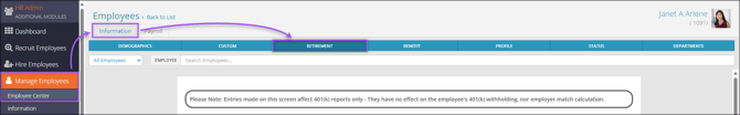 A screenshot of the navigation path to the Employee Center Retirement tab.