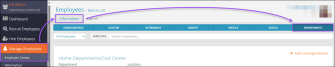 A screenshot of the navigation path to the Employee Center Departments tab.