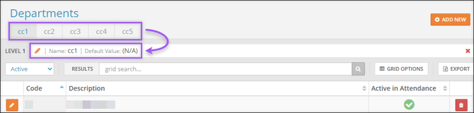 A screenshot of the Company Setup Departments page highlighting the various cost centers and the field where you can rename the cost centers.