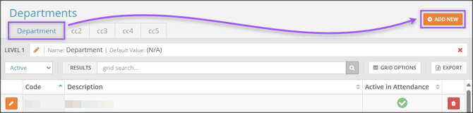 A screenshot of the Company Setup Departments page highlighting the Add New button.
