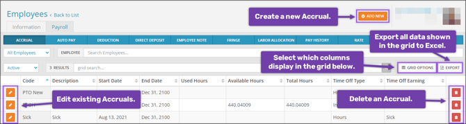 A screenshot of the Accrual page.