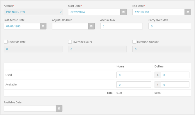 A screenshot of the Accrual Editing aside.