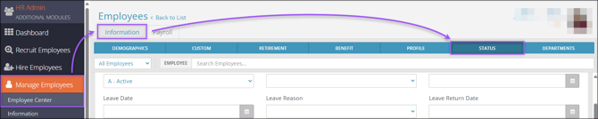 A screenshot of the navigation path to the Status page.