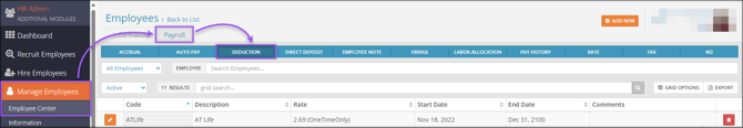 A screenshot of the navigation path to the Employee Center Direct Deposit tab.