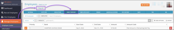 A screenshot of the navigation path to the Employee Center Direct Deposit page.