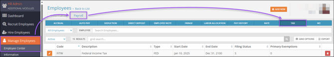 A screenshot of the navigation path to the Tax page.. 