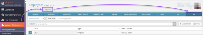 A screenshot of the navigation path to the W2 page.