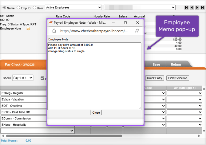 A screenshot of the Employee Note pop-up in Payroll.