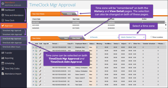 A screenshot of the "TimeClock Mgr Approval" screen. The time zone drop-down menu is highlighted. One text box points to the "History" and "View Detail" buttons and reads, "Time zone will be "remembered" on both the History and View Detail pages. The selection can also be changed on both of these pages." Another text box points to the "TimeClock Mgr Approval" and "TimeClock Adm Approval" tabs and reads "Time zone can be selected on both TimeClock Mgr Approval and TimeClock Adm Approval."