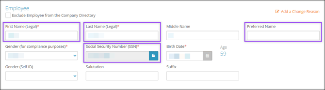 A screenshot of the Employee section, highlighting the First Name (legal), Last Name (legal), Preferred Name, and Social Security (SSN) fields.