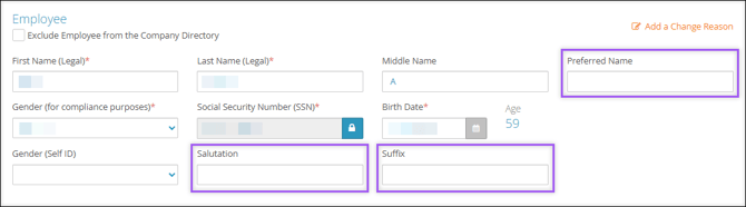 A screenshot of the Employee section, highlighting the Preferred Name, Salutation, and Suffix fields.