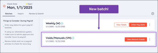 A screenshot of the Batches tab, highlighting the Voids/Manuals (VM) batch.