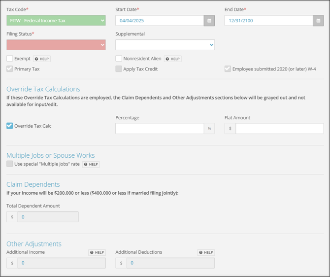 A screenshot of the Federal Income Tax Withholding set up.