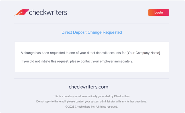 A screenshot of a Direct Deposit Change Request email notification.