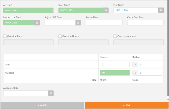 A screenshot of potential settings for a manual front-loaded accrual.