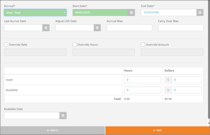 A screenshot of potential settings for an autimatic front-loaded accrual.