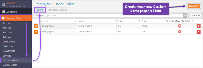 A screenshot of the navigation path to the Employee Custom Fields page. The Add New button is also highlighted.