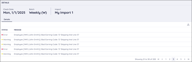 A screenshot of Warnings and Errors in a Payroll Import.