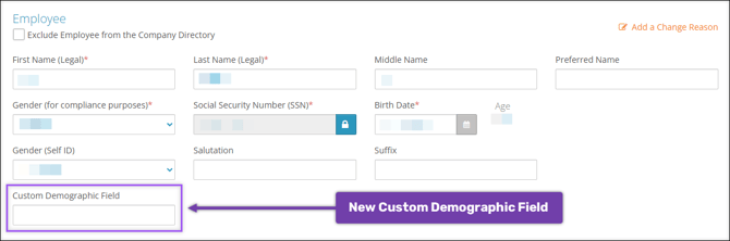 A screenshot of where the Custom Demographic Field is displayed on the Employee Center Demographic page.