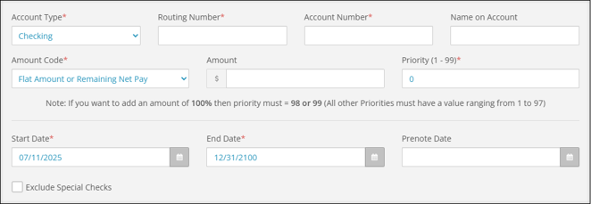 A screenshot of the Direct Deposit entry page. 