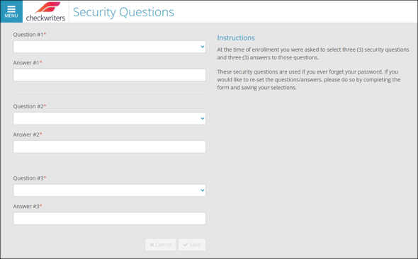 A screenshot of the Security Questions page.