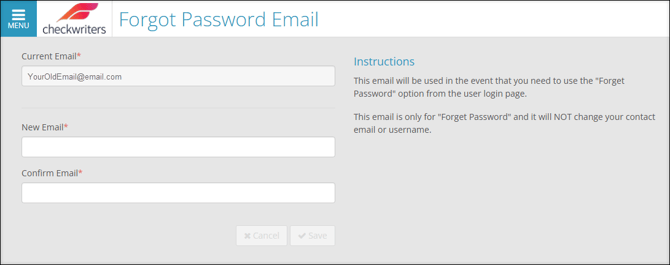 A screenshot of the Forgot Password Email page.