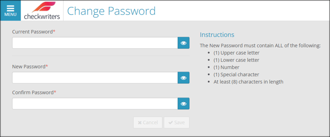 A screenshot of the Change Password page.
