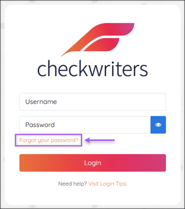 A screenshot of the Checkwriters login page, highlighting the "Forgot your password?" option.