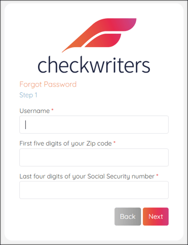 A screenshot of the Step 1 of the Forgot Password process.