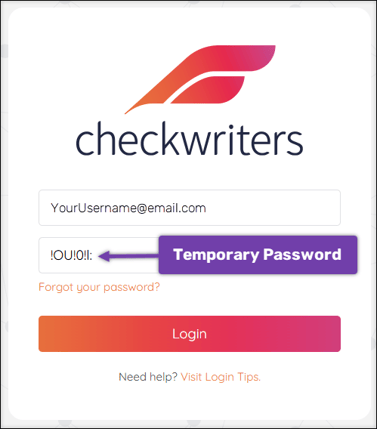 A screenshot of the Checkwriters login page, highlighting the temporary password being used.