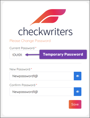 A screenshot of the Please Change Password page, highlighting the temporary password being used.