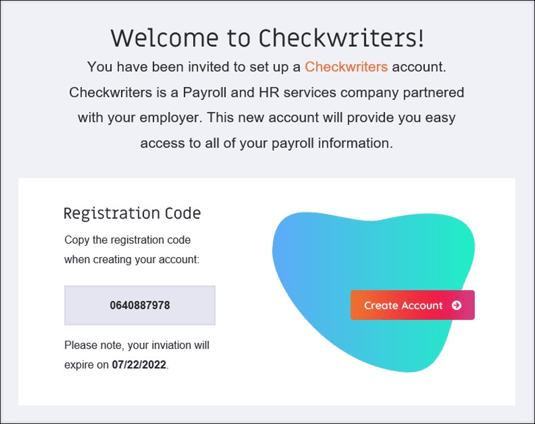 A screenshot of the Checkwriters registration email.