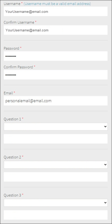 A screenshot of the Username, Password, Email, and Question fields on the registration page.