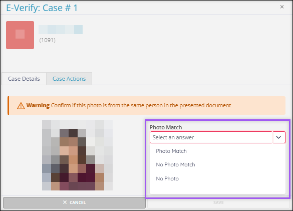 A screenshot of the Case Actions tab of an E-Verify Case returning a "Photo Match" Status.