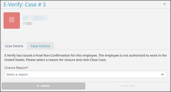 A screenshot of the Case Actions tab of an E-Verify Case returning a "Final Non-Confirmation" Status.